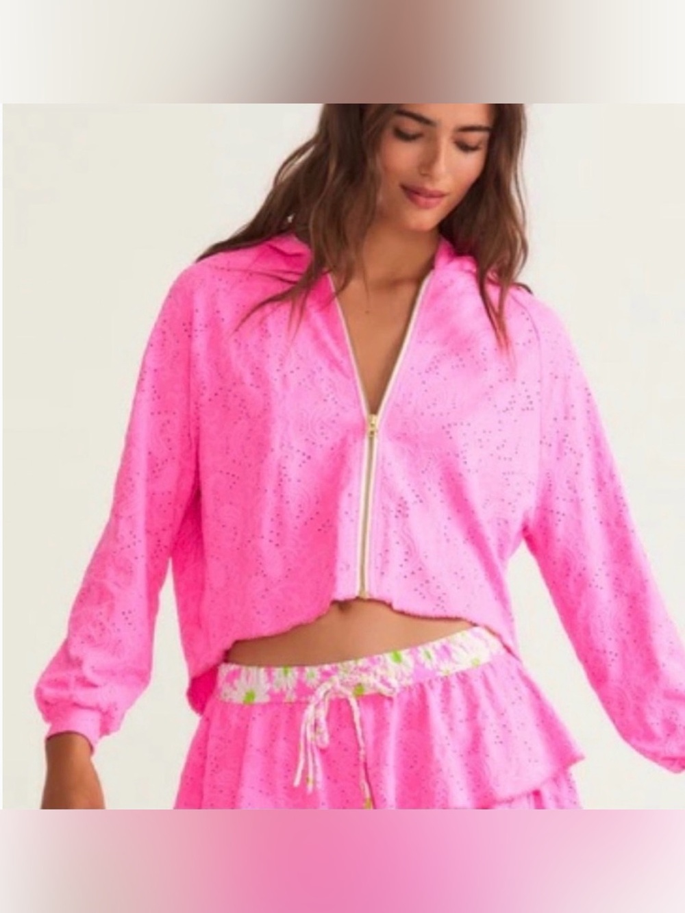 LoveShackFancy x Hurley Eyelet Paisley Zip-Up Hoodie Cotton Candy" pink Large - Picture 5 of 13